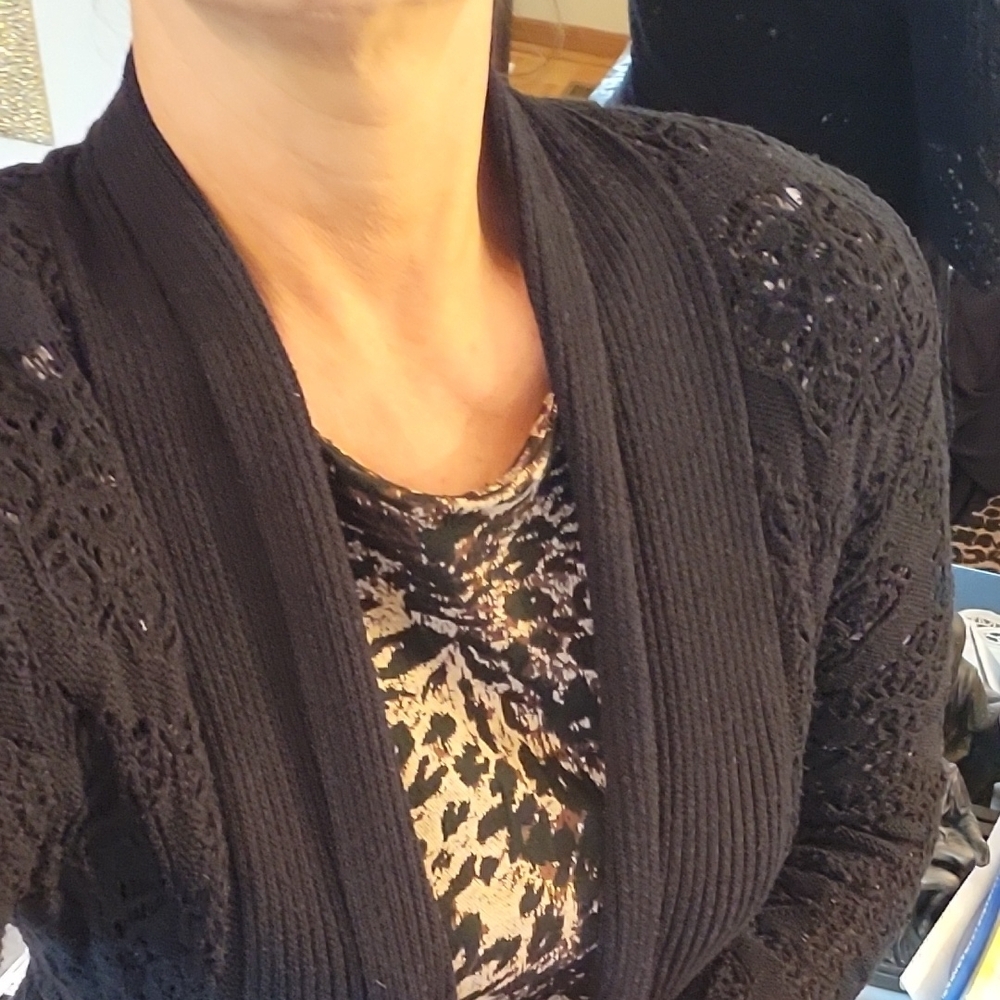 Belldini Black Elegant Open Cardigan Sweater, Crochet Lace Back & Sleeves, M - Picture 9 of 16